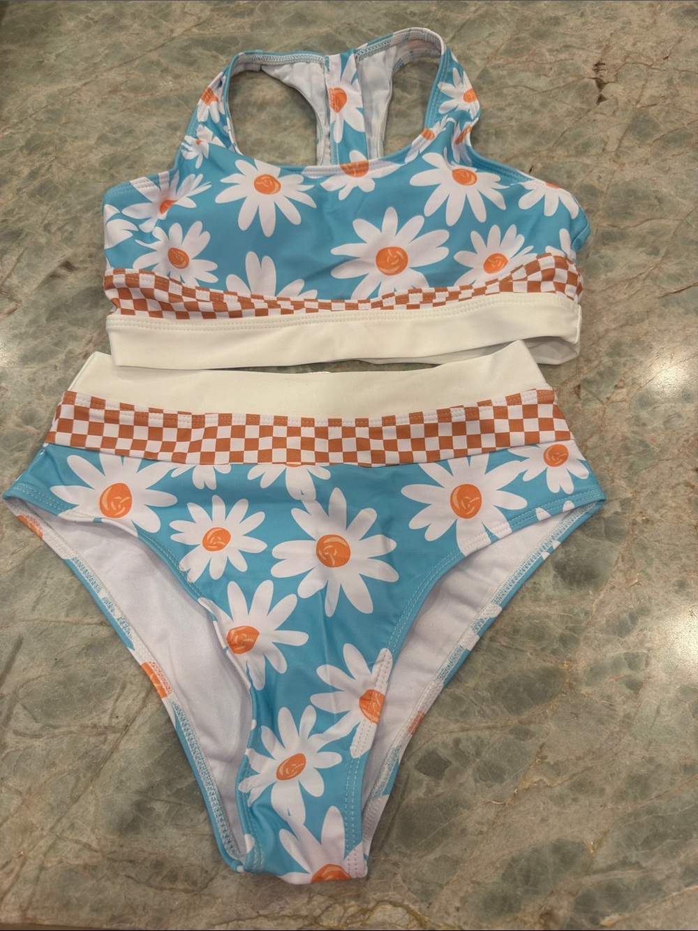 SHEIN Blue Daisy Print Two-Piece Bikini with Orange Accents